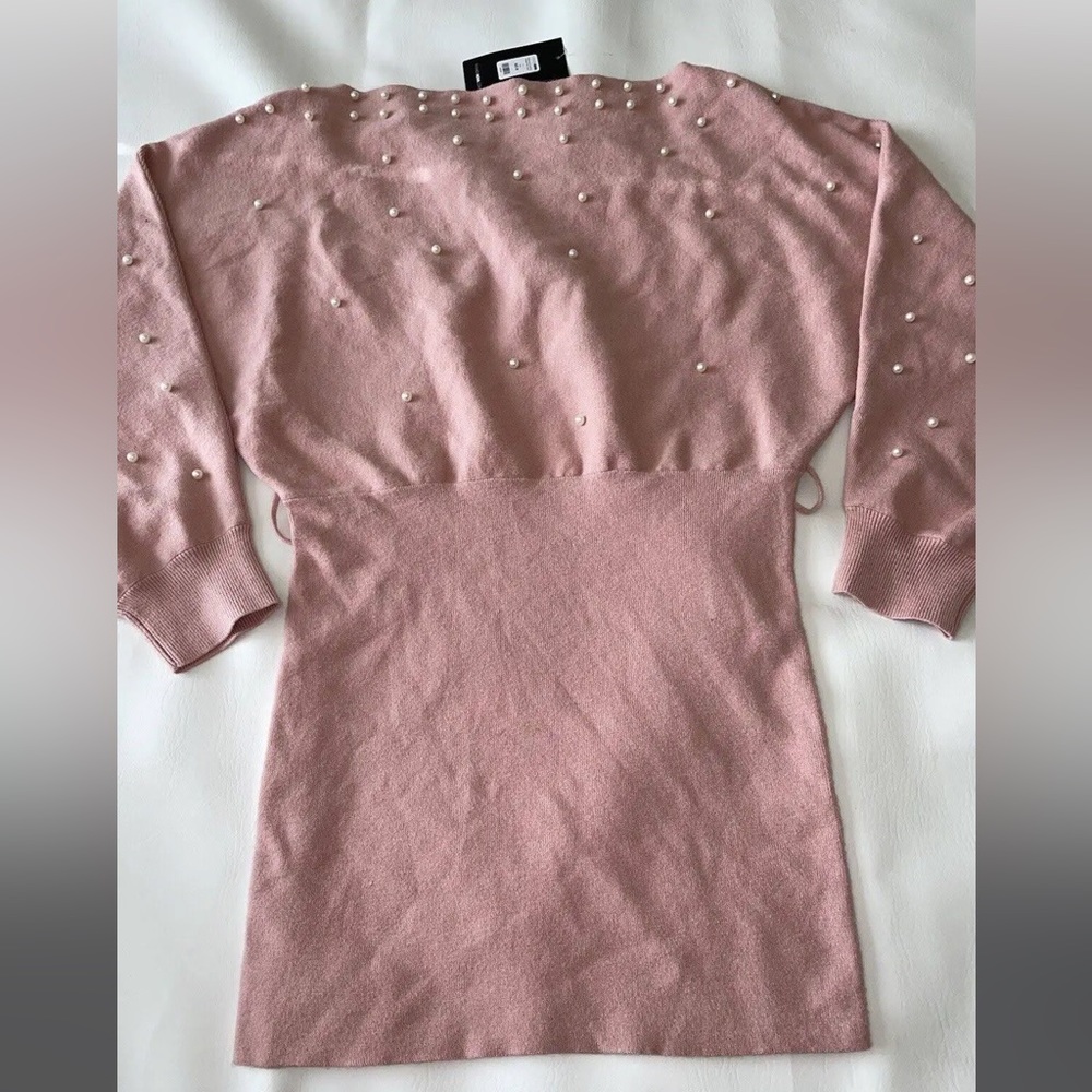 Pink Sweater Mini Dress w/ Pearl Accents